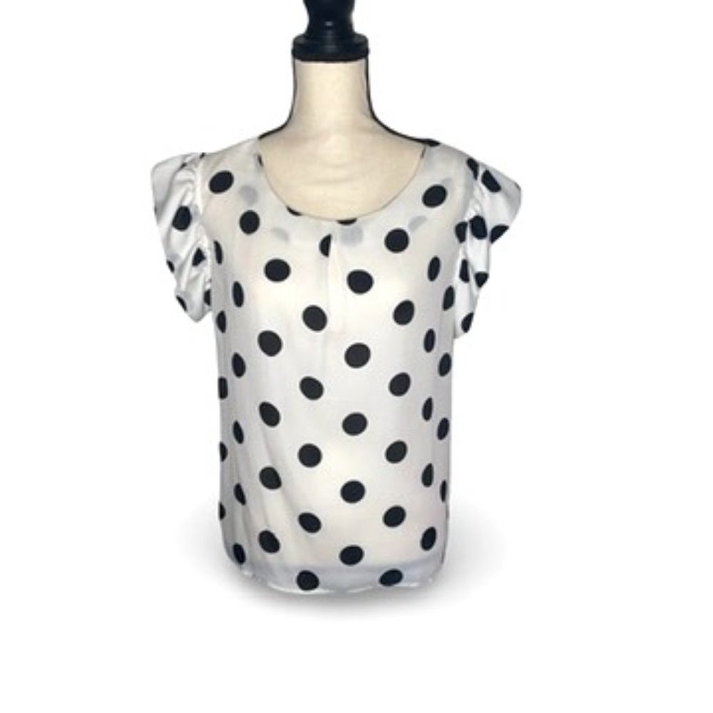 Meno Girl Black and White Polkadot Ruffled Sleeve Blouse - Size XXL